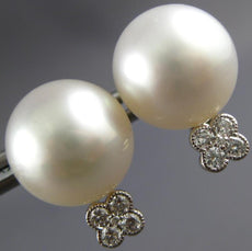LARGE .30CT DIAMOND & AAA SOUTH SEA PEARL 18K WHITE GOLD 3D FLOWER STUD EARRINGS