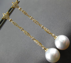 LONG .42CT DIAMOND & AAA SOUTH SEA PEARL 18K YELLOW GOLD FLOWER HANGING EARRINGS