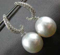 LARGE .48CT DIAMOND & AAA SOUTH SEA PEARL 18KT WHITE GOLD SWIRL HANGING EARRINGS