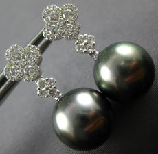 ESTATE .77CT DIAMOND & AAA TAHITIAN PEARL 18K WHITE GOLD FLOWER HANGING EARRINGS
