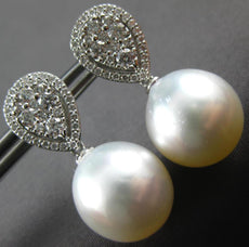 ESTATE LARGE .81CT DIAMOND & AAA SOUTH SEA PEARL 18K WHITE GOLD HANGING EARRINGS