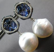 2.90CT DIAMOND AAA SAPPHIRE & SOUTH SEA PEARL 18K WHITE GOLD 3D HANGING EARRINGS