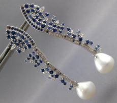 LARGE 4.1CT DIAMOND & SOUTH SEA PEARL & SAPPHIRE 18K WHITE GOLD HANGING EARRINGS