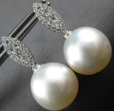 ESTATE .45CT DIAMOND & AAA SOUTH SEA PEARL 18KT WHITE GOLD LEAF HANGING EARRINGS