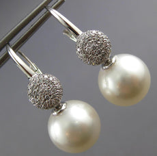 ESTATE LARGE .47CT DIAMOND & AAA SOUTH SEA PEARL 18K WHITE GOLD HANGING EARRINGS