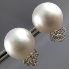LARGE .30CT DIAMOND & AAA SOUTH SEA PEARL 18K WHITE GOLD 3D FLORAL STUD EARRINGS