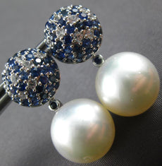 3.40CT DIAMOND AAA SAPPHIRE & SOUTH SEA PEARL 18K WHITE GOLD 3D HANGING EARRINGS