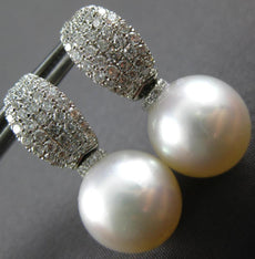 1.12CT DIAMOND & AAA SOUTH SEA PEARL 18KT WHITE GOLD 3D HUGGIE HANGING EARRINGS