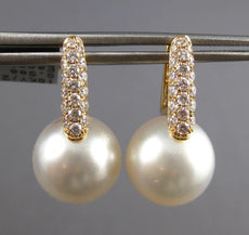 LARGE .6CT DIAMOND & AAA SOUTH SEA PEARL 18K YELLOW GOLD HUGGIE HANGING EARRINGS