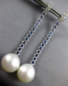 LONG 2.99CT DIAMOND & SOUTH SEA PEARL & SAPPHIRE 18K WHITE GOLD HANGING EARRINGS