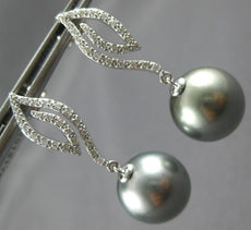 LARGE .28CT DIAMOND & AAA TAHITIAN PEARL 14K WHITE GOLD 3D LEAF HANGING EARRINGS
