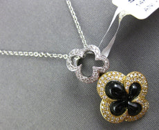 .23CT DIAMOND & AAA ONYX 14KT 2 TONE GOLD 4 LEAF CLOVER FLOWER FLOATING PENDANT