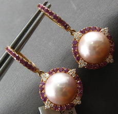 1.84CT DIAMOND & AAA RHODOLITE & PINK SOUTH SEA PEARL 18KT ROSE GOLD 3D EARRINGS