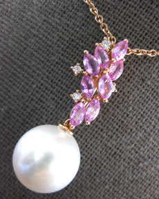 1.1CT DIAMOND & PINK SAPPHIRE & SOUTH SEA PEARL 18K ROSE GOLD MULTI LEAF PENDANT