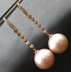 0.35CT DIAMOND & AAA PINK SOUTH SEA PEARL 18KT ROSE GOLD BEZEL HANGING EARRINGS