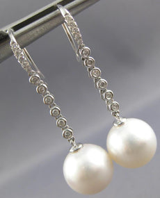 LARGE .35CT DIAMOND & AAA SOUTH SEA PEARL 18KT WHITE GOLD BEZEL HANGING EARRINGS