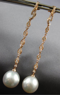 LONG .58CT DIAMOND & SOUTH SEA PEARL 18KT ROSE GOLD TEAR DROP HANGING EARRINGS