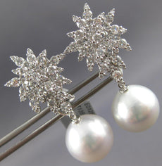 LARGE 2.88CT DIAMOND AAA SOUTH SEA PEARL 18KT WHITE GOLD FLOWER HANGING EARRINGS