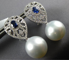 2.16CT DIAMOND & SAPPHIRE & AAA SOUTH SEA PEARL 18K WHITE GOLD HANGING EARRINGS