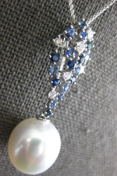 .80CT DIAMOND & SAPPHIRE & AAA SOUTH SEA PEARL 18KT WHITE GOLD TEAR DROP PENDANT