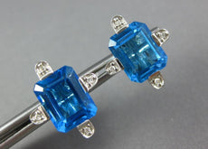 LARGE 10.1CT DIAMOND & AAA BLUE TOPAZ 14KT WHITE GOLD EMERALD CUT STUD EARRINGS