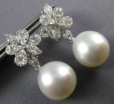 LARGE 2.03CT DIAMOND & AAA PEARL 18KT WHITE GOLD 3D MULTI LEAF HANGING EARRINGS