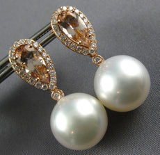 2.39CT DIAMOND & AAA MORGANITE & SOUTH SEA PEARL 18KT ROSE GOLD HANGING EARRINGS