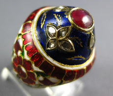 1.21CT ROSE CUT DIAMOND & AAA RUBY & ENAMEL 22KT YELLOW GOLD 3D HANDCRAFTED RING