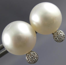 ESTATE LARGE .10CT DIAMOND & AAA SOUTH SEA PEARL 18K WHITE GOLD 3D STUD EARRINGS