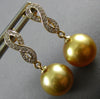 .15CT DIAMOND & AAA GOLDEN SOUTH SEA PEARL 18K YELLOW GOLD LOVE HANGING EARRINGS