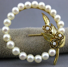 ANTIQUE LARGE DIAMOND & AAA PEARL 14KT YELLOW GOLD MULTI LEAF BROOCH PIN #26777