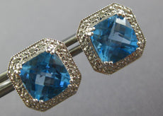LARGE 5.44CT DIAMOND & AAA BLUE TOPAZ 14KT WHITE GOLD CUSHION CUT STUD EARRINGS