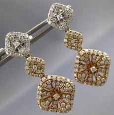 LARGE 2.94CT DIAMOND 18KT TRI COLOR GOLD FLOWER SQUARE JOURNEY HANGING EARRINGS