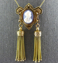 ANTIQUE LARGE VICTORIAN YELLOW & ROSE GOLD 3D LADY CAMEO NECKLACE BROOCH #26770