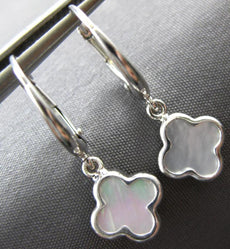 AAA MOTHER OF PEARL 14KT WHITE GOLD 4 LEAF CLOVER FLOWER HANGING EARRINGS #27007