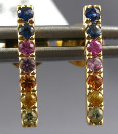 .40CT AAA MULTI COLOR SAPPHIRE 14KT YELLOW GOLD 3D CLASSIC RAINBOW BAR EARRINGS