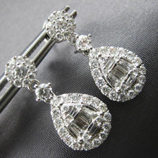 ESTATE 1.41CT DIAMOND 18K WHITE GOLD ROUND & BAGUETTE TEAR DROP HANGING EARRINGS