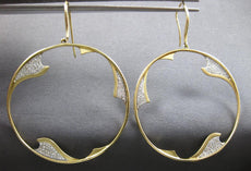 LARGE .48CT DIAMOND 14KT YELLOW GOLD 3D CIRCULAR WAVE LEVERBACK HANGING EARRINGS
