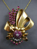 ANTIQUE EXTRA LARGE 5.52CT DIAMOND & AAA RUBY 18KT ROSE GOLD BOW BROOCH PENDANT