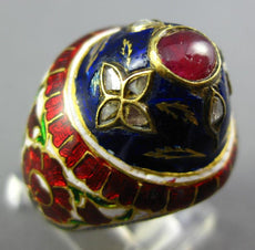 ANTIQUE 1.16CT ROSE CUT DIAMOND & AAA RUBY & ENAMEL 22KT YELLOW GOLD FLOWER RING