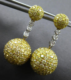 LARGE 7.28CT WHITE & FANCY YELLOW DIAMOND 18KT 2 TONE GOLD BALL HANGING EARRINGS