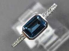 .85CT DIAMOND & AAA BLUE TOPAZ 14K WHITE GOLD EMERALD CUT & ROUND BEZEL FUN RING