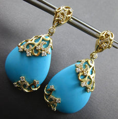LARGE .59CT DIAMOND & AAA TURQUOISE 14KT YELLOW GOLD TEAR DROP HANGING EARRINGS