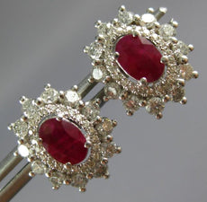LARGE 2.13CT DIAMOND & AAA RUBY 14K WHITE GOLD OVAL & ROUND FLOWER STUD EARRINGS