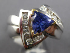 WIDE 1.69CT DIAMOND & AAA TANZANITE 18K 2 TONE GOLD 3D TRILLION & ROUND FUN RING