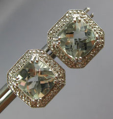 LARGE 4.22CT DIAMOND & AAA GREEN AMETHYST 14KT WHITE GOLD CUSHION STUD EARRINGS