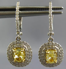 1.38CT WHITE & FANCY YELLOW DIAMOND 18K WHITE GOLD CUSHION HALO HANGING EARRINGS