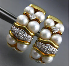 LARGE .36CT DIAMOND & SOUTH SEA PEARL 18K 2 TONE GOLD SEMI HOOP HANGING EARRINGS