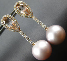 LARGE 2.80CT DIAMOND & AAA MORGANITE & PINK PEARL 18K ROSE GOLD HANGING EARRINGS