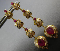 3.2CT DIAMOND & AAA RUBY 14K YELLOW GOLD MULTI FLOWER TEAR DROP HANGING EARRINGS